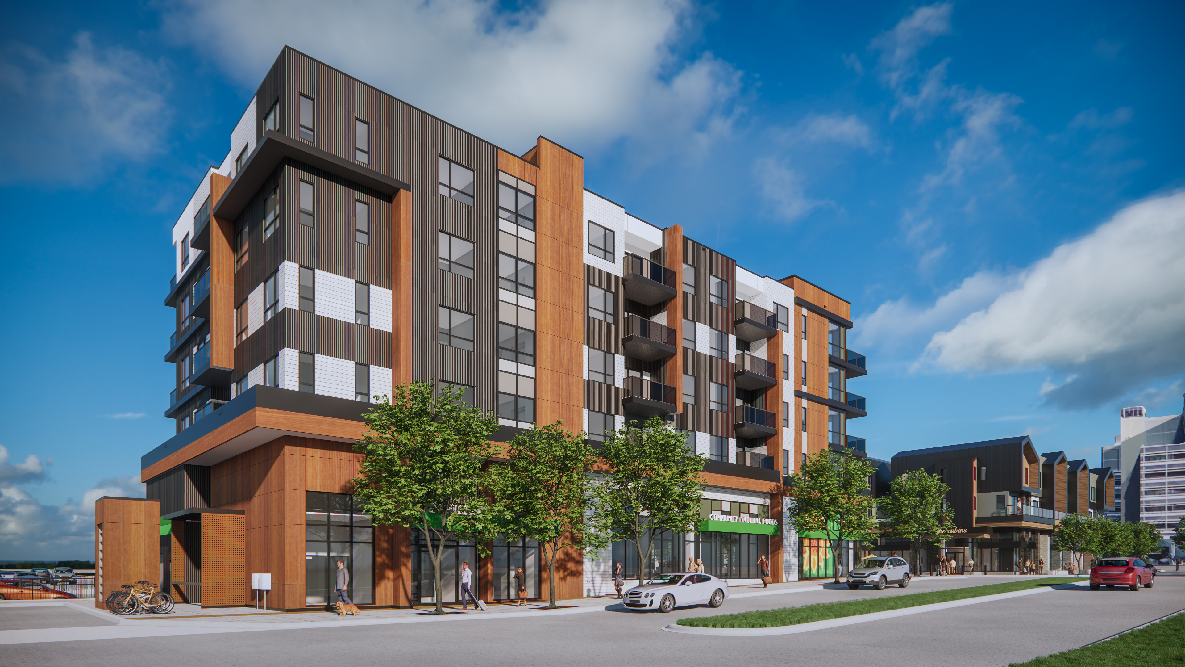 Rendering of residential apartment with commercial grocery retailer on ground level